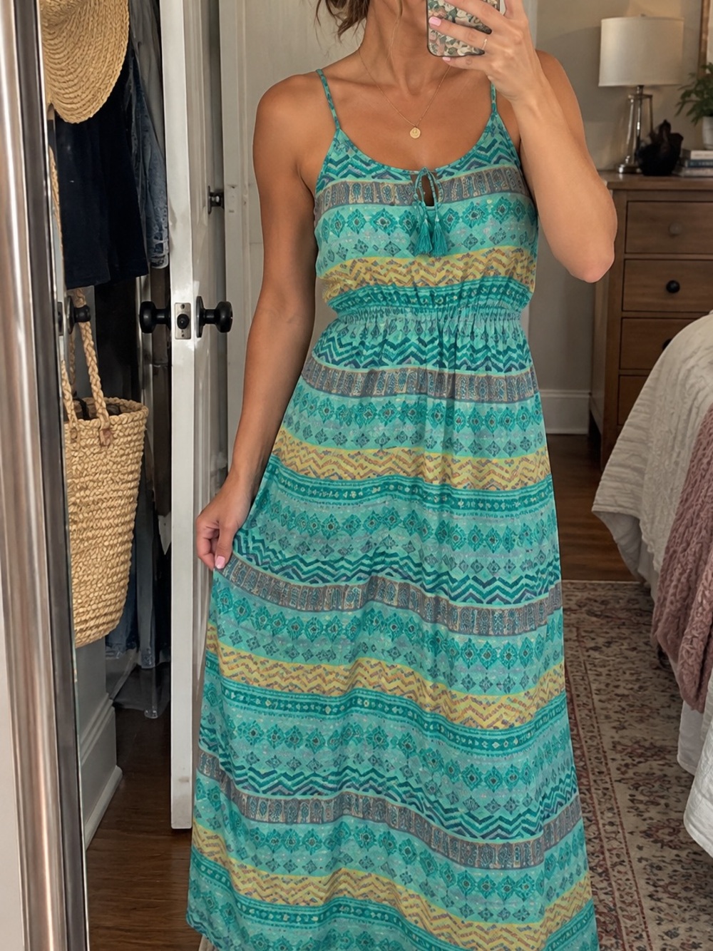 Dina Be Maxi Dress M Blue Green Boho Geo Print Smocked Beach Vacation